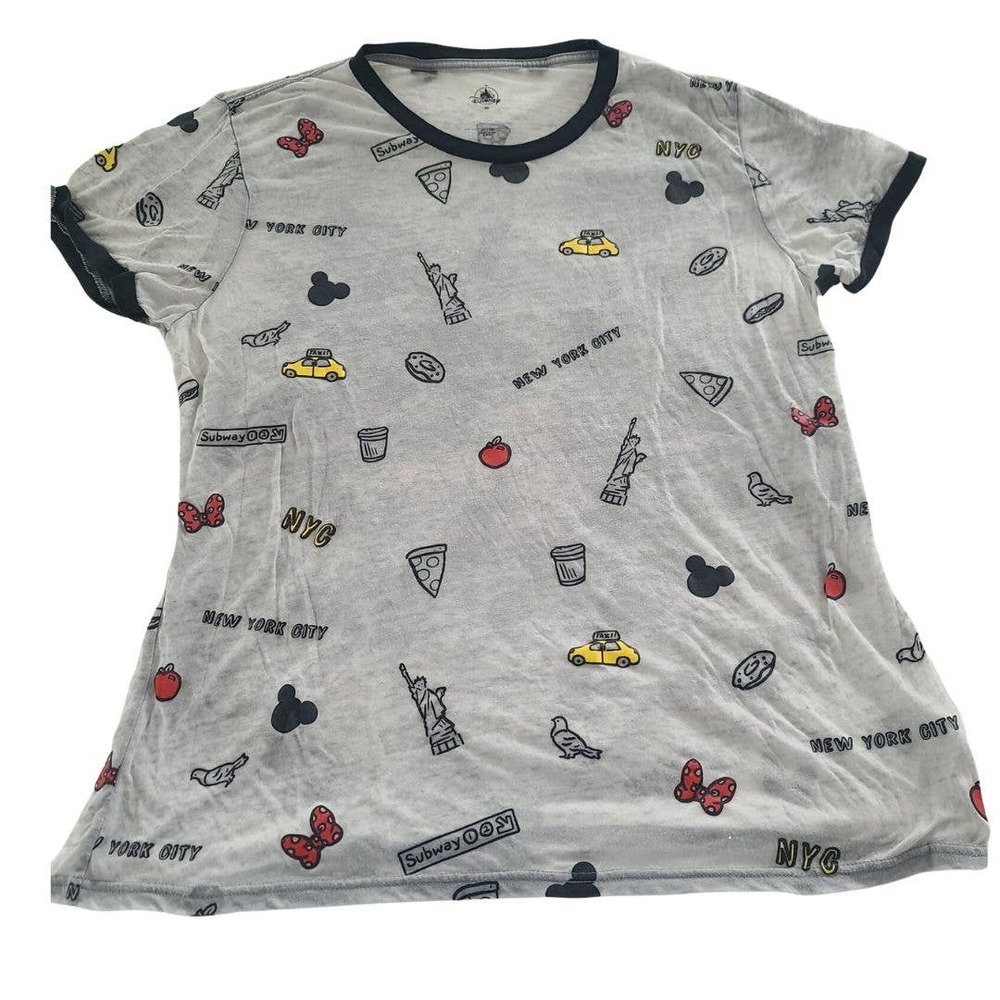 Disney Store NYC T-Shirt Burnout Ringer Tee Gray 2XL Taxi Pizza Bagel Subway